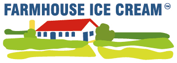 A logo displaying the words "Farmhouse Ice Cream" and showing a farm located amongst a field.