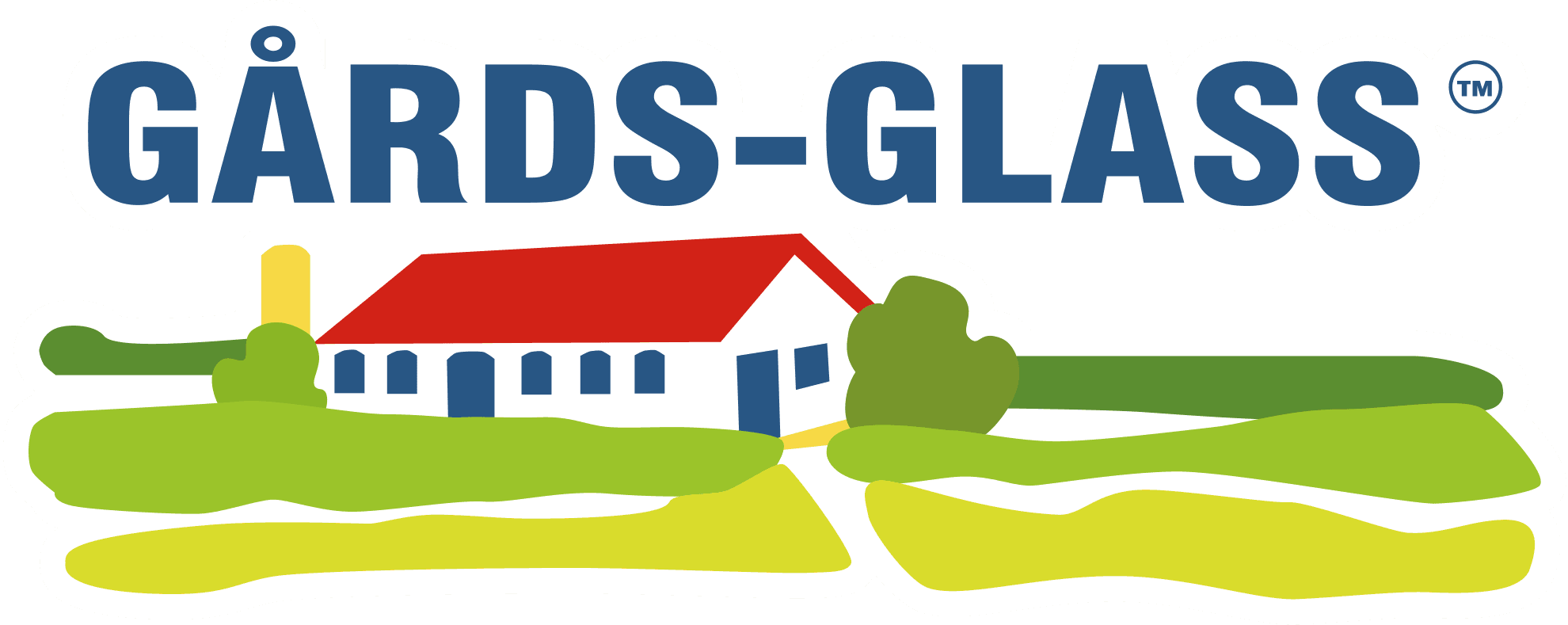 A logo displaying the words "Gards Glass" and showing a farm located amongst a field.
